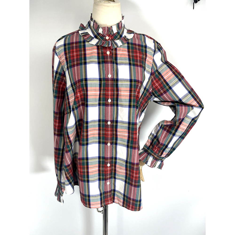 New J. Crew Shirt Womens 2X‎ Tartan Plaid Ruffle Neck Button Front